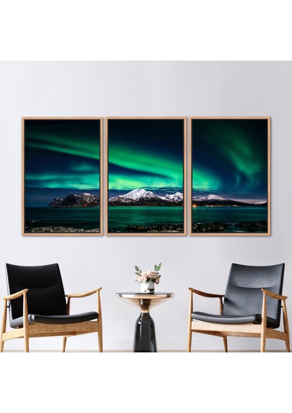 3 Parçalı Naturel Çerçeveli Kanvas Tablo Northern Lights Fotoğraf Baskısı