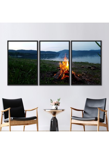3 Parçalı Siyah Çerçeveli Kanvas Tablo Doğa Manzarası Hediye Kanvas