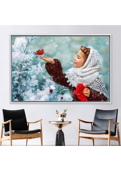 1 Parça Beyaz Çerçeveli Kanvas Tablo Sevimli Kız Posteri Kar Duvar Süsü Kuş Kanvas Sanatı