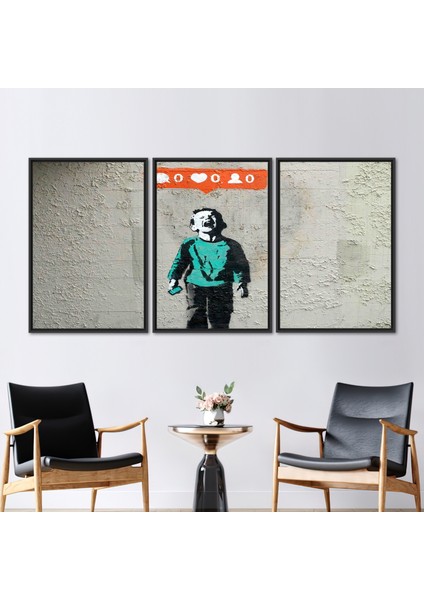 3 Parçalı Siyah Çerçeveli Kanvas Tablo Sokak Duvar Dekoru Soyut Baskılı Banksy Kanvas