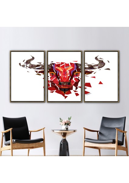 3 Parçalı Gold Çerçeveli Kanvas Tablo Red Bull Sanat Hayvan Kanvas Dekor Buffalo Kanvas Poster