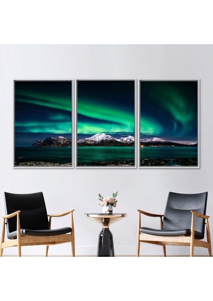 3 Parçalı Beyaz Çerçeveli Kanvas Tablo, Northern Lights Fotoğraf Baskısı,