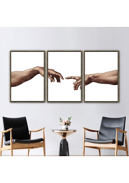 3 Parçalı Gold Çerçeveli Kanvas Tablo Michelangelo Hand Kanvas Sanatı
