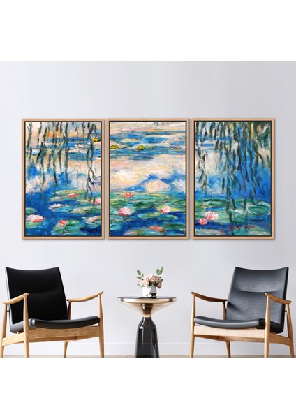 3 Parçalı Naturel Çerçeveli Kanvas Tablo Çiçek Sanat Eseri Botanik Hediye Kanvas
