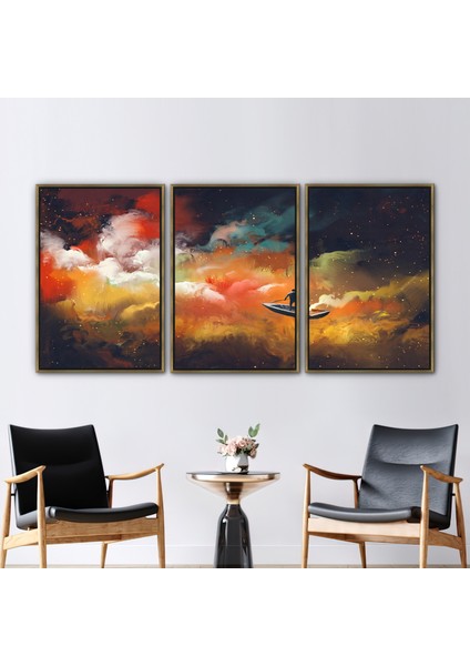 3 Parçalı Gold Çerçeveli Kanvas Tablo Bulut Atlas Kanvas Sanatı Modern Hediye Kanvas