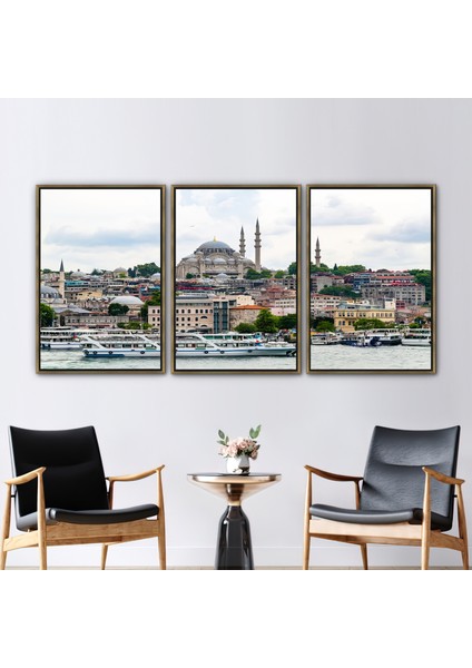 3 Parçalı Gold Çerçeveli Kanvas Tablo Suleymaniye Camii Sanat Islam Peyzajı Kanvas Baskı
