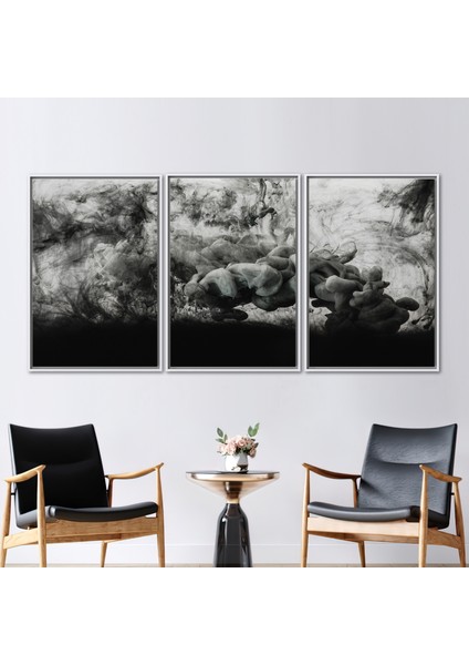 3 Parçalı Beyaz Çerçeveli Kanvas Tablo Soyut Kanvas Baskı Sigara Posteri Duman Sanat