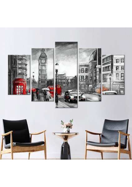 5 Parçalı Mix Kanvas Tablo Sokak Kanvas Baskı Londra Baskılı Yağmurlu Gün Sanat Eseri