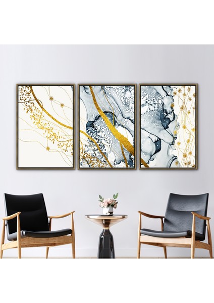 3 Parçalı Gold Çerçeveli Kanvas Tablo Işıltılı Sanat Eseri Soyut Kanvas Dekor