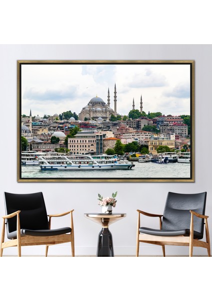 1 Parça Gold Çerçeveli Kanvas Tablo Istanbul Peyzajı Posteri Eminonu Duvar Süsü