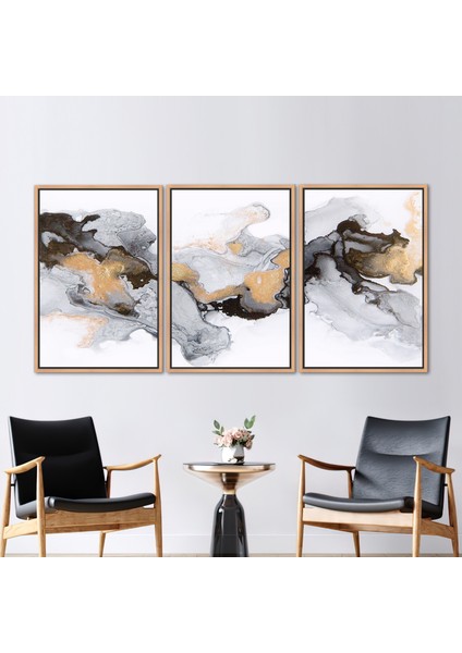 3 Parçalı Naturel Çerçeveli Kanvas Tablo Modern Sanat Soyut Sanat Eseri Altın Kanvas Poster