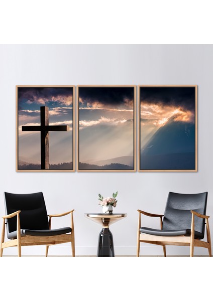 3 Parçalı Naturel Çerçeveli Kanvas Tablo Kurtuluş Kanvas Poster Isa Mesih Duvar Süsü