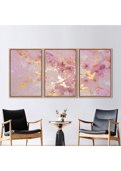 3 Parçalı Naturel Çerçeveli Kanvas Tablo Pembe Duvar Dekoru Soyut Kanvas Mermer Duvar Dekoru