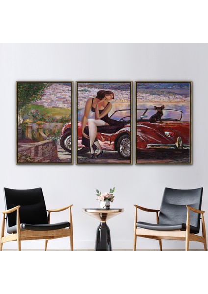 3 Parçalı Gold Çerçeveli Kanvas Tablo Araba Duvar Süsü Kadın Sanat Eseri Çağdaş Posteri
