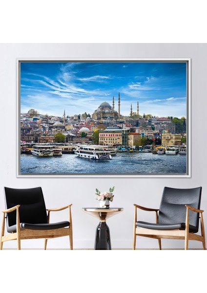1 Parça Beyaz Çerçeveli Kanvas Tablo Camii Sanat Manzara Sanat Eseri Suleymaniye Camii Duvar Deko