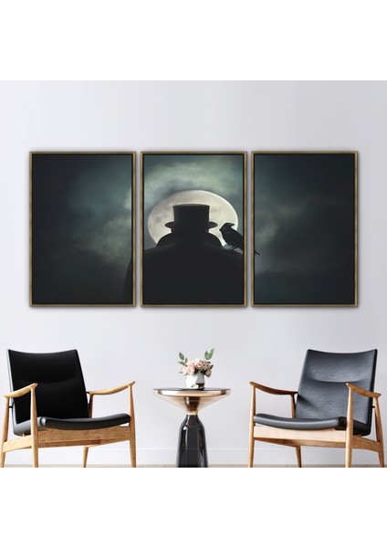 3 Parçalı Gold Çerçeveli Kanvas Tablo Adammodern Duvar Dekoru Insan ve Kuş Kanvas