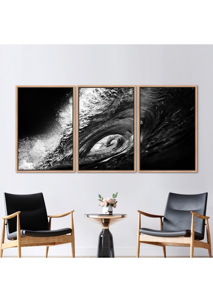 3 Parçalı Naturel Çerçeveli Kanvas Tablo Siyah Beyaz Sörf Siyah Beyaz Baskılı