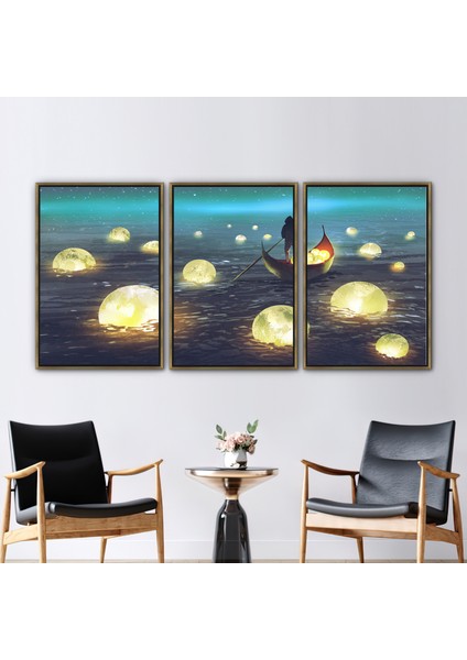 3 Parçalı Gold Çerçeveli Kanvas Tablo Ay Sanat Adam Yelken Kanvas Baskı Erkek Duvar Dekoru