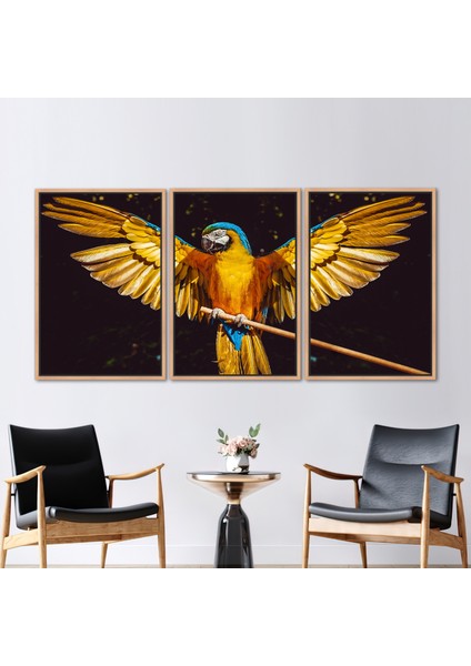 3 Parçalı Naturel Çerçeveli Kanvas Tablo Sarı Sanat Kuş Kanatları Kanvas Sanatı