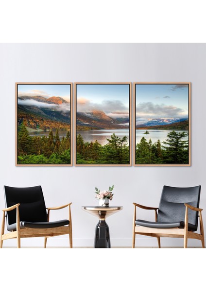 3 Parçalı Naturel Çerçeveli Kanvas Tablo Saint Mary Lake Peyzaj Tuval