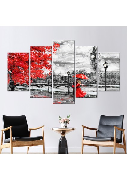 5 Parçalı Mix Kanvas Tablo Kırmızı Şemsiye Sanat Eseri Manzara Kanvas Poster