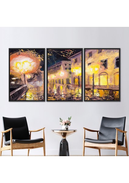 3 Parçalı Siyah Çerçeveli Kanvas Tablo Paris'te Gece Manzara Sanat Eseri Paris View Kanvas Dekor