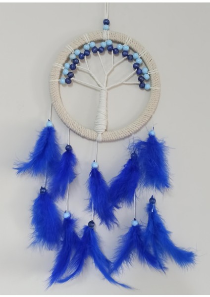 Saks Mavisi Kuş Tüylü Hayat Ağacı Dream Catcher Duvar Süsü