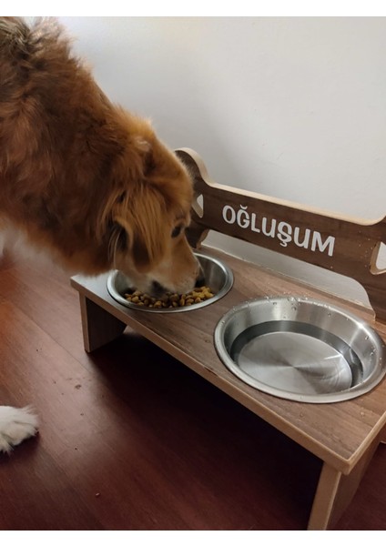 Ahşap, Çelik Kaseli Büyük Irk Köpek Mama ve Su Stantı-2*1000 ml.