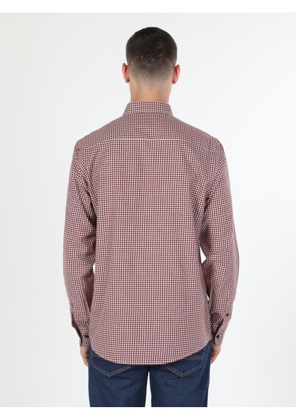 Regular Fit Shirt Neck Kareli Bordo Erkek Uzun Kol Gömlek