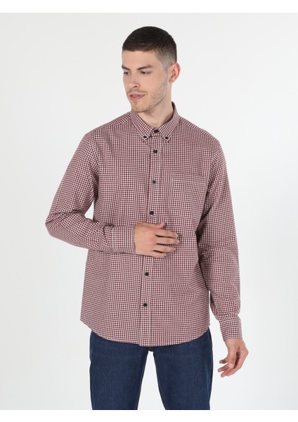 Regular Fit Shirt Neck Kareli Bordo Erkek Uzun Kol Gömlek