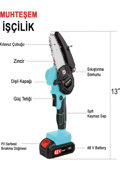 Çift Akülü Çift Zincirli Budama Testeresi Taşıma Çantalı 48vf Şarjlı Testere Eldiven Hediyeli