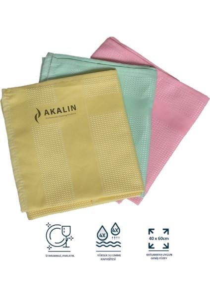 Akalın Orijinal 3'lü Profesyonel Mikrofiber Temizlik Bezi - Ithal Ürün - Tek Dokunuş (Pembe-Sarı-Yeşil)