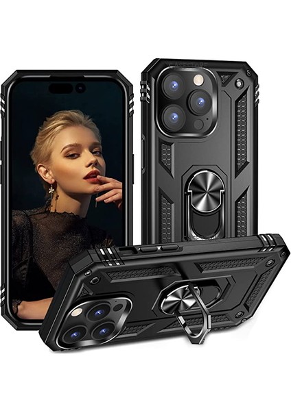 Iphone 14 Pro Max Uyumlu Kılıf Military Armor Yüzüklü Standlı Armour Tank Zırh Silikon Kamera Korumalı Vega Arka Kapak