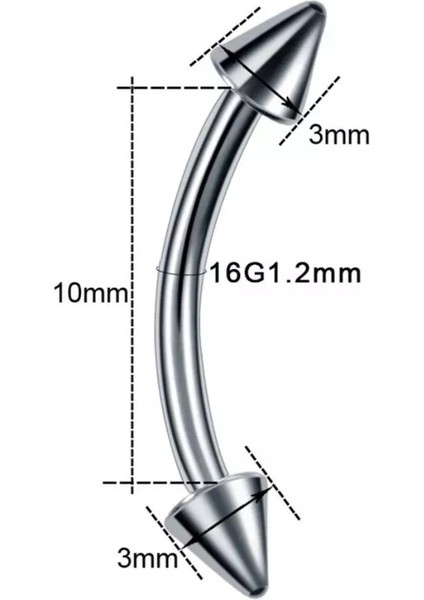 Cerrahi Çelik Silver Spaky Rook, Snog, Dil, Kaş Muz Piercing- bar uzunluğu 8mm-1 adet