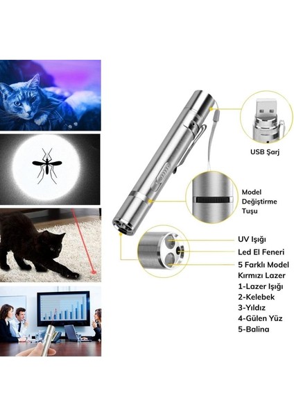 USB Ile Şarj Edilebilen 3 In 1 Kırmızı Işık + Beyaz LED Işık + Uv El Feneri Kedi Lazer