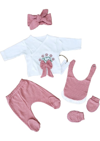 Kız Bebek 5 Li Hastane Çıkışı Pembe Süslü Zıbın Seti STL5183