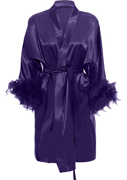 Mor Saten Gelin Bride Sabahlık Kollar Kaz Tüylü