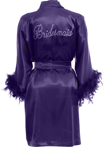 Mor Saten Gelin Bride Sabahlık Kollar Kaz Tüylü modelleri