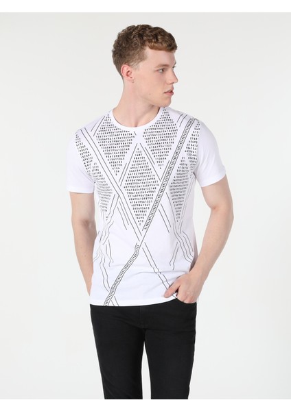 Regular Fit Bisiklet Yaka Baskılı Beyaz Erkek Kısa Kol Tişört modelleri