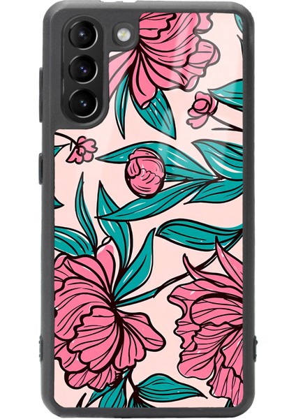 Samsung Galaxy S21 Fuşya Çiçekli Tasarımlı Glossy Telefon Kılıfı