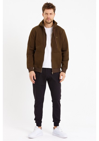 Fermuarlı Sweatshirt Kapüşonlu Haki 0019882