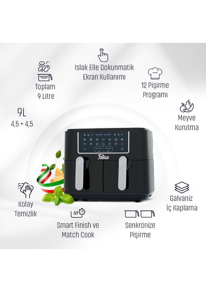 Duo Dokunmatik Ekran 9 Lt Çift Hazneli Airfryer Yağsız Fritöz