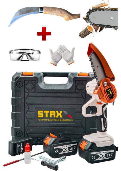 21V 3AH Super Seri 2x Çift Akülü 12 cm Pala Dal Budama Bıçkı Makinası + Fındık Çakısı Hediyeli Set