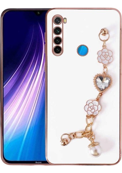 Xiaomi Redmi Note 8 Kılıf Kalpli Çiçekli Bileklik Zincirli Kamera Korumalı Kenarları Gold Renk. Silikon