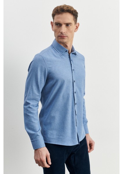 Erkek Mavi Slim Fit Dar Kesim Düğmeli Yaka Flanel Oduncu Kışlık Gömlek
