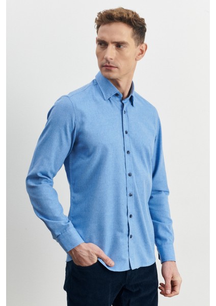 Erkek Açık Mavi Slim Fit Dar Kesim Düğmeli Yaka Flanel Oduncu Kışlık Gömlek