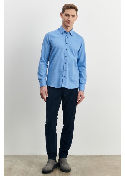 Erkek Açık Mavi Slim Fit Dar Kesim Düğmeli Yaka Flanel Oduncu Kışlık Gömlek