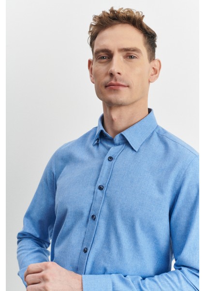 Erkek Açık Mavi Slim Fit Dar Kesim Düğmeli Yaka Flanel Oduncu Kışlık Gömlek