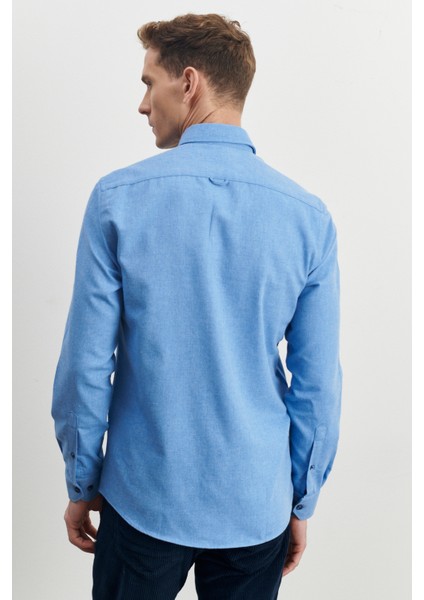 Erkek Açık Mavi Slim Fit Dar Kesim Düğmeli Yaka Flanel Oduncu Kışlık Gömlek