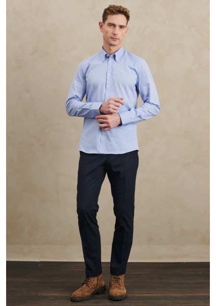 ALTINYILDIZ CLASSICS Erkek Mavi Slim Fit Dar Kesim Düğmeli Yaka %100 Pamuk Oxford Gömlek